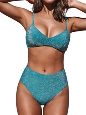 Photo 1 of CUPSHE Women's Blue High Waist Bikini Swimsuit Shiny Tricot Two Piece Bathing Suit