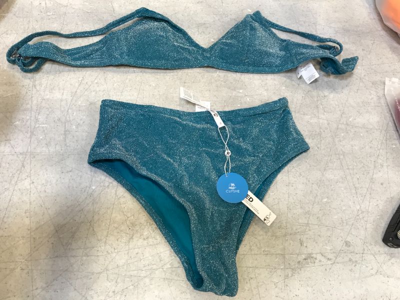 Photo 2 of CUPSHE Women's Blue High Waist Bikini Swimsuit Shiny Tricot Two Piece Bathing Suit