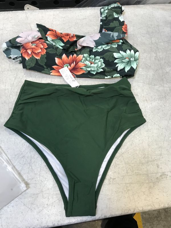 Photo 2 of Dark Green Floral One Shoulder Ruffle High Waisted Bikini small
