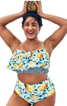 Photo 1 of CUPSHE Women's Plus Size Bikini Set Leaf Lemon Printed Ruffles Swimsuit
xlarge 