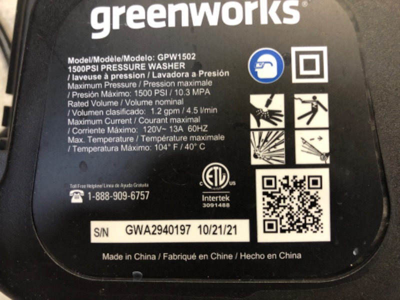 Photo 5 of Greenworks 1500 PSI 1.2 GPM Electric Pressure Washer, GPW1502
