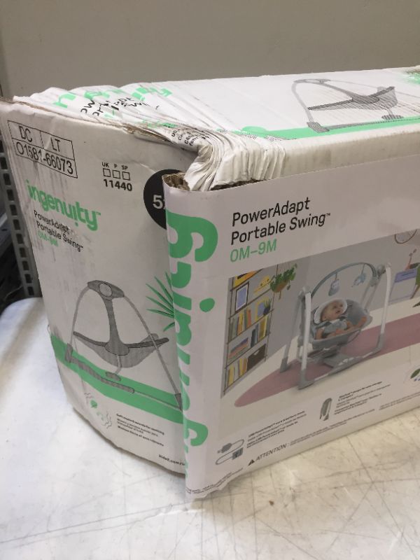 Photo 4 of Ingenuity Power Adapt Portable Swing - Ingenuity Compact Lightweight Portable Baby Swing with Music, Nature Sounds and Battery-Saving Technology - Abernathy, 0-9 Months **BOX WAS SEALED ONLY OPENED FOR PHOTOS/ PACKAGING DAMAGED BUT ITEM IS FINE**
