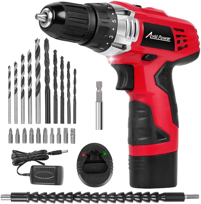 Photo 1 of AVID POWER 12V Cordless Drill, Power Drill Set with 22pcs Impact Driver/Drill Bits, 2 Variable Speed, 3/8'' Keyless Chuck, 15+1 Torque Setting (Red)
