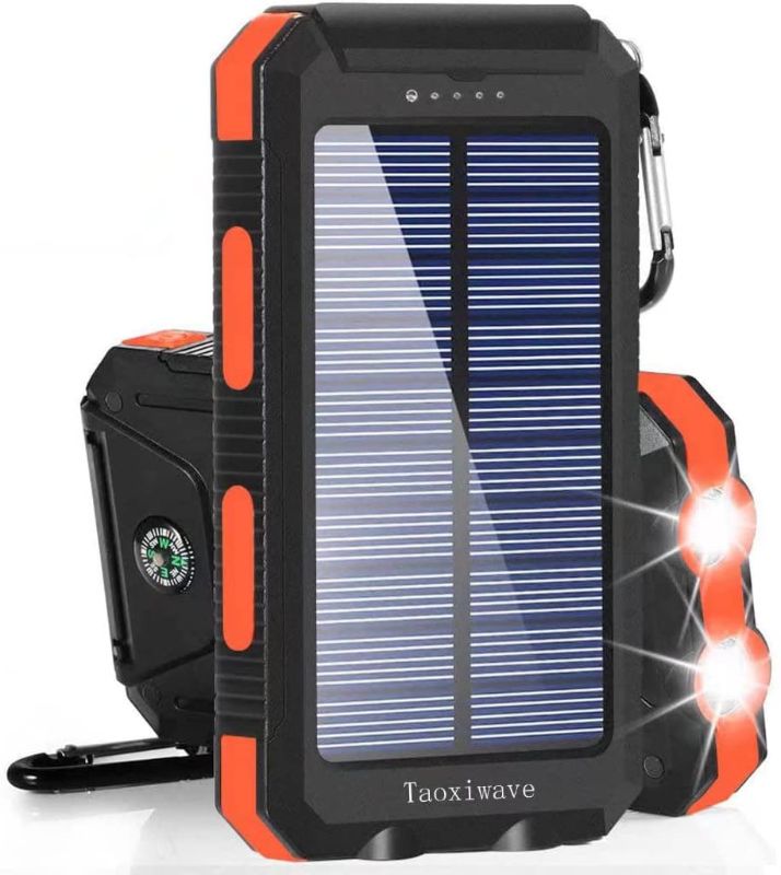 Photo 1 of Solar Charger Solar Power Bank 20000mAh Waterproof Portable External Backup Outdoor Cell Phone Battery Charger with Dual LED Flashlights Solar Panel Compatible with All Smartphone (Black & Orange)
