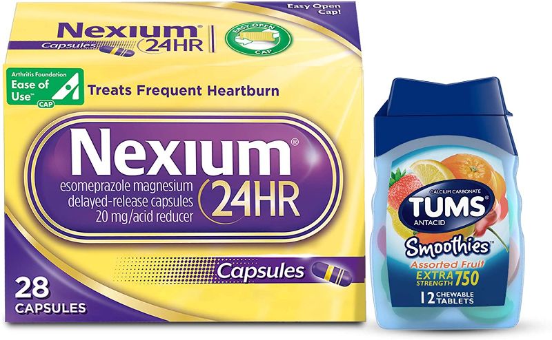 Photo 1 of Nexium 24HR Acid Reducer Capsules, Heartburn Relief Medication with Esomeprazole Magnesium, 28 Count, TUMS Smoothies Assorted Fruit Chewable Antacid Tablets for Upset Stomach Relief 12 Count Bundle bb 2/24 3/23