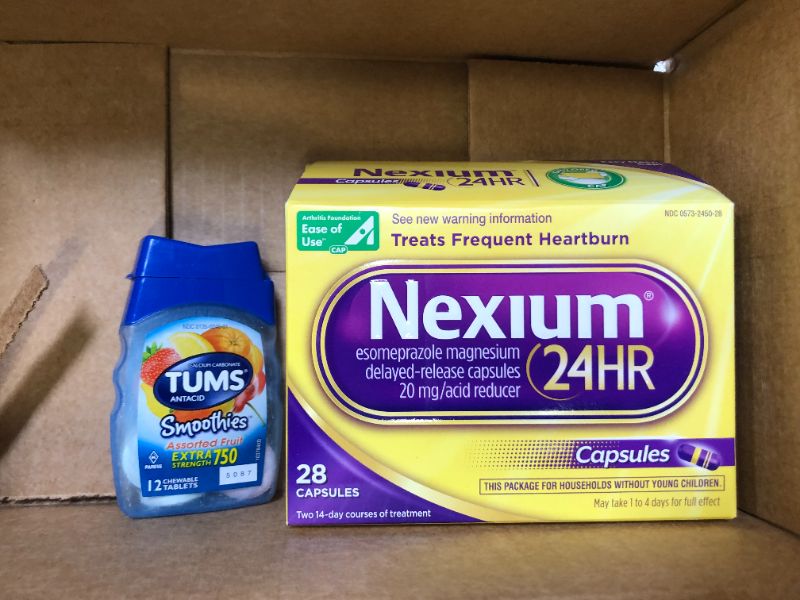 Photo 2 of Nexium 24HR Acid Reducer Capsules, Heartburn Relief Medication with Esomeprazole Magnesium, 28 Count, TUMS Smoothies Assorted Fruit Chewable Antacid Tablets for Upset Stomach Relief 12 Count Bundle bb 2/24 3/23