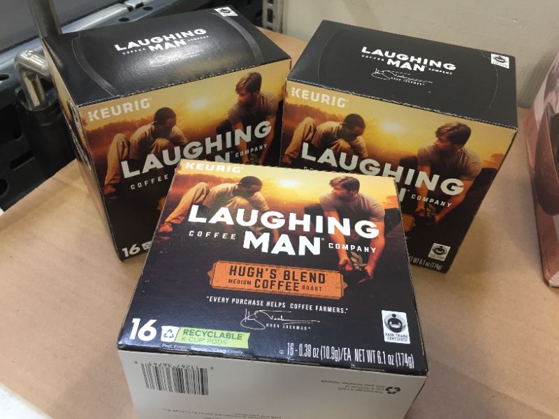 Photo 1 of 3 pack Laughing Man Hugh's Blend, Single-Serve Keurig K-Cup Pods, Medium Roast Coffee, 16 Count
exp 01-2022