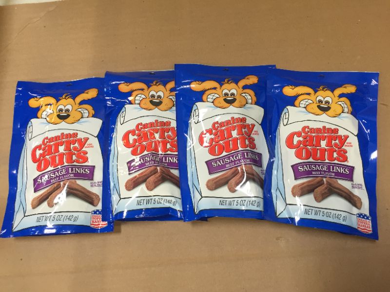 Photo 1 of 4 bags Canine Carry Outs Sausage Links Beef Flavor Dry Dog Treats, 5 Oz exp 04-2022
