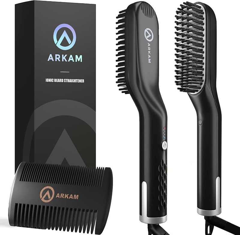 Photo 1 of Arkam Premium Beard Straightener for Men - Ionic Technology Heated Beard Brush - Includes Dual Action Fine Wooden Comb & Travel Bag