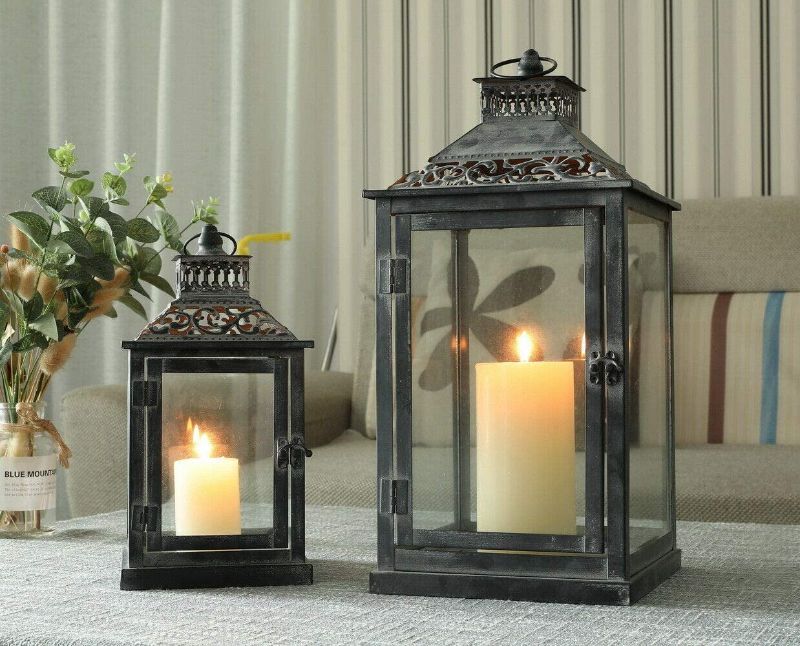 Photo 1 of JHY DESIGN Set of 2 Antique Grey Brush Decorative Lanterns Metal Candle Lanterns for Indoor Outdoor Events Paritie and Weddings Vintage Style Hanging Lantern

