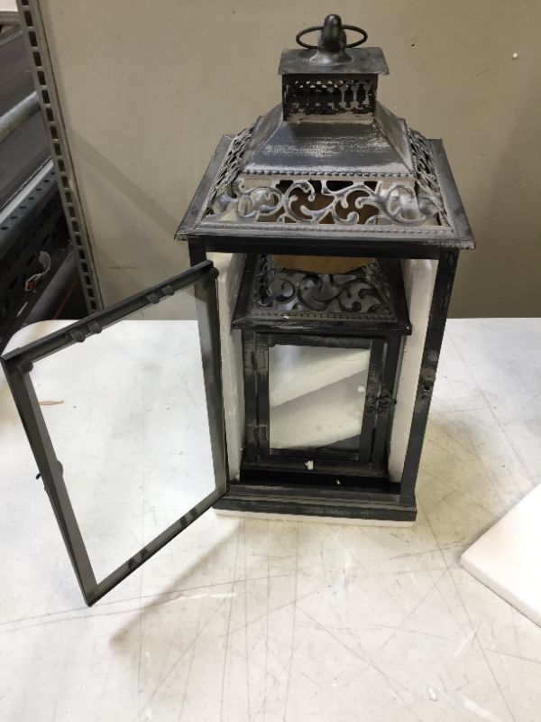 Photo 2 of JHY DESIGN Set of 2 Antique Grey Brush Decorative Lanterns Metal Candle Lanterns for Indoor Outdoor Events Paritie and Weddings Vintage Style Hanging Lantern
