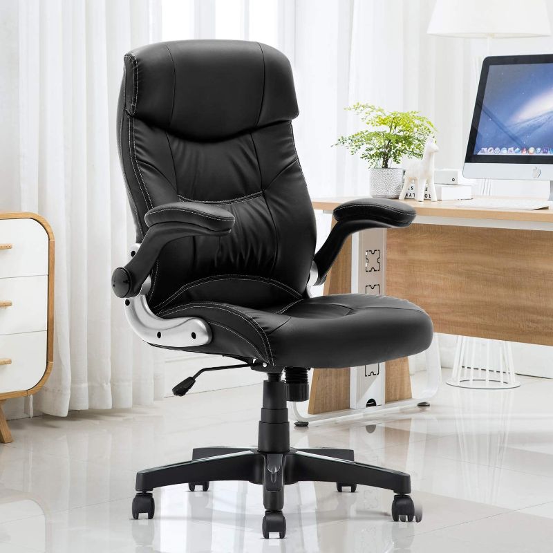 Photo 1 of YAMASORO High Back Leather Office Chair - Adjustable Tilt Angle and Flip-up Arms Executive Computer Desk Chair, Thick Padding for Comfort and Ergonomic Design for Lumbar Support, Black
BOX 1 OF 2 - missing hardware