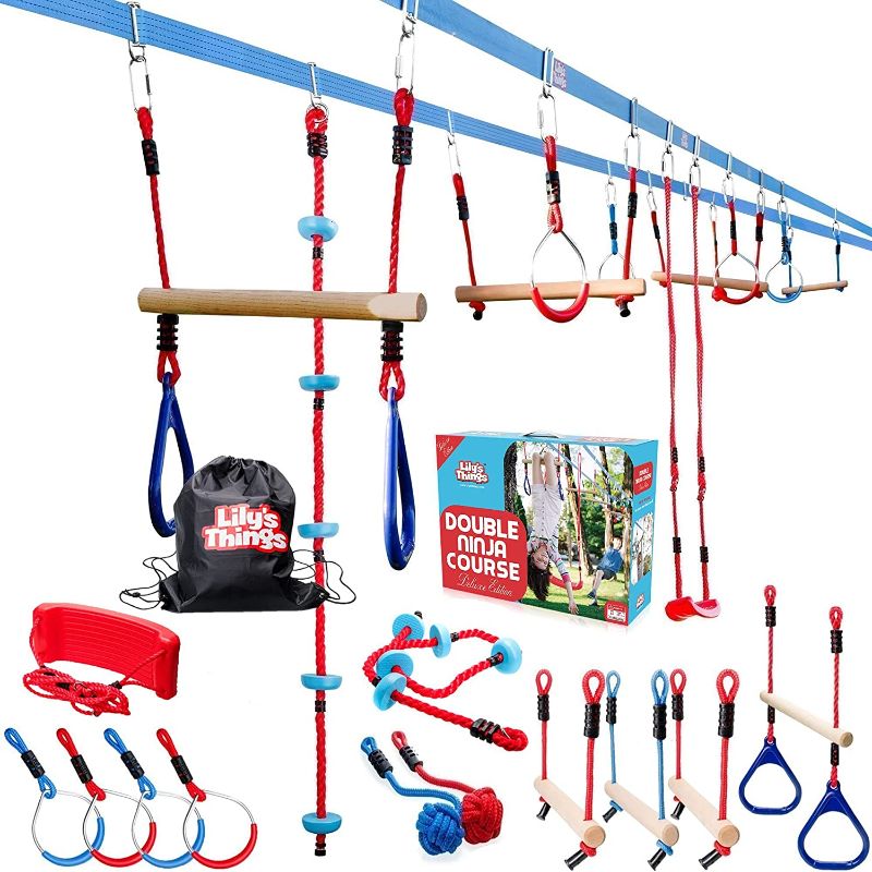 Photo 1 of Lily's Things Double Ninja Slackline Obstacle Course for Kids - 110 Foot Line - Monkey Bars Playground Equipment - Ninja Warrior Obstacle Course for Kids - Patented Double Line Design (Deluxe)
