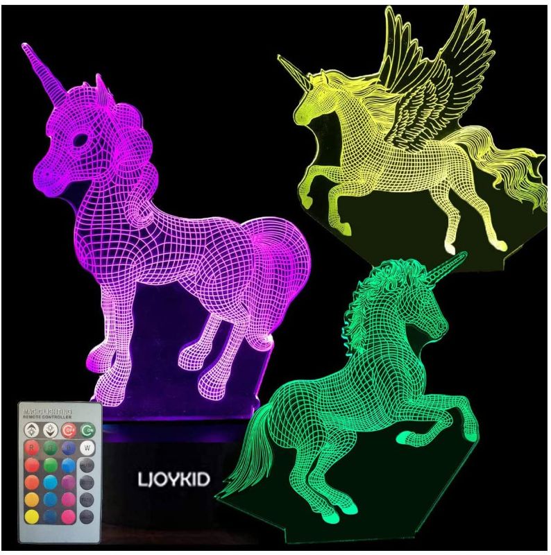 Photo 1 of 3PCS 3D Unicorn Night Light——3D Unicorn Lamp 3 Pattern 7 Colors Changing Decor Lamp with Remote Control for Kids Illusion Bedside Lamps Ideal Gifts for Girls and Unicorn Lovers
