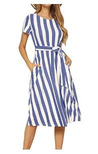 Photo 1 of levaca Women's Short Sleeve Striped Casual Flowy Midi Belt Dress with Pockets IVORY BLUE LARGE