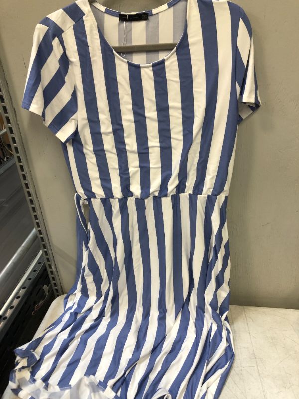 Photo 2 of levaca Women's Short Sleeve Striped Casual Flowy Midi Belt Dress with Pockets IVORY BLUE LARGE