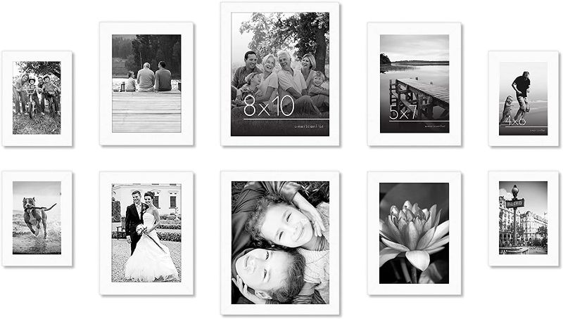 Photo 1 of Americanflat 10 Piece White Gallery Wall Picture Frame Set in 8x10, 5x7, and 4x6 - Composite Wood with Shatter Resistant Glass - Horizontal and Vertical Formats for Wall and Tabletop
