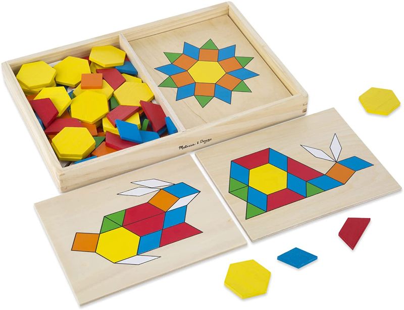 Photo 1 of Melissa & Doug Pattern Blocks and Boards - Classic Toy With 120 Solid Wood Shapes and 5 Double-Sided Panels, Multi-colored
