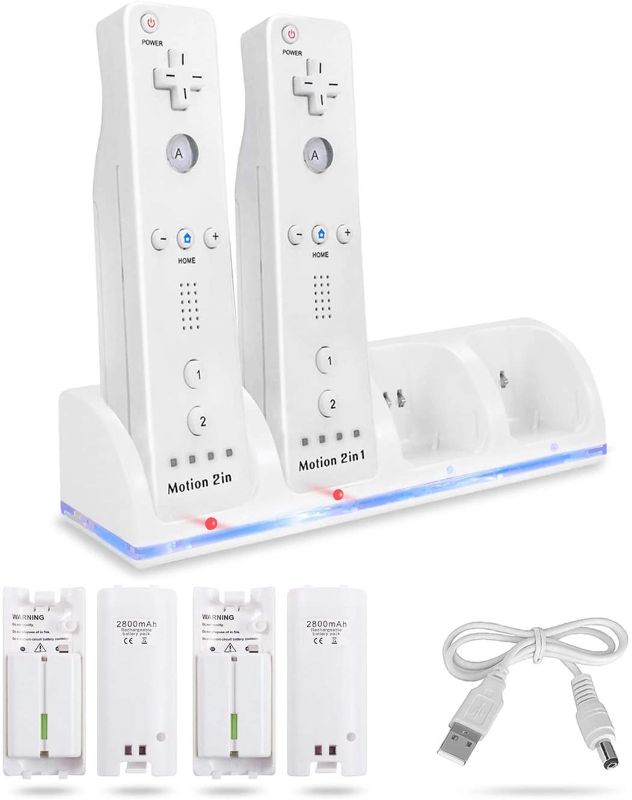 Photo 1 of 4-in-1 Charging Station for Wii&Wii U Remote Controller,Charger with 4 Rechargeable Battery Packs (4 Port Charging Station+4 pcs 2800mAh Replacement Batteries+USB Cable),Remote Not Included
