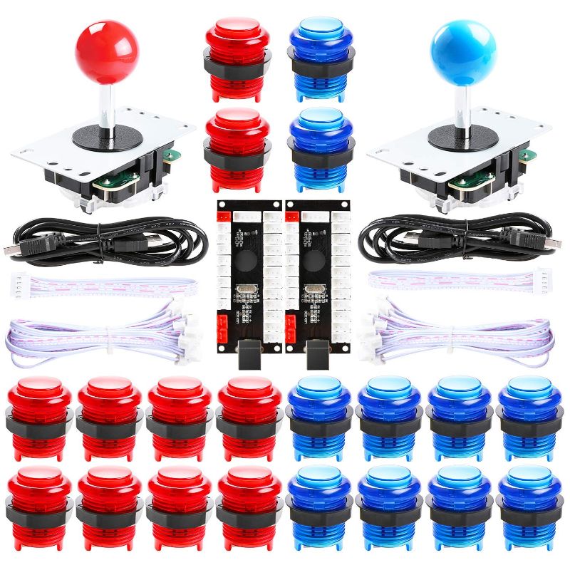 Photo 1 of Qenker 2 Player LED Arcade DIY Parts 2X USB Encoder + 2X Joystick + 20x LED Arcade Buttons for PC, MAME, Raspberry Pi, Windows (Red & Blue Kit)
