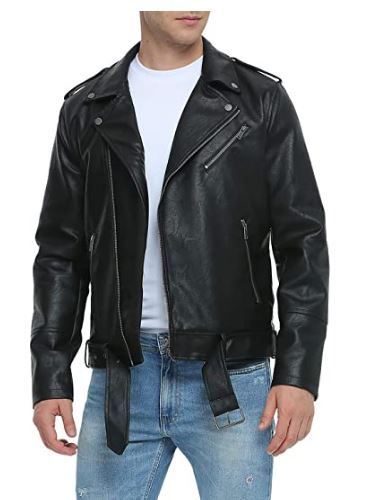 Photo 1 of Fahsyee Leather Jackets for Men, Faux Motorcycle Lapel Asymmetric Zip-Up Blet Slim Fit Biker Coat - medium
