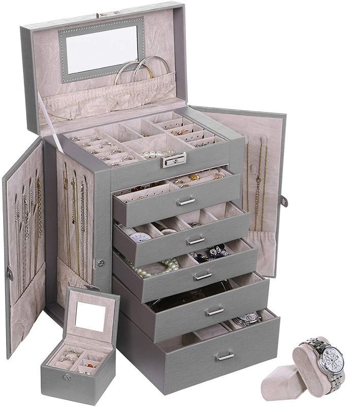 Photo 1 of ANWBROAD 6 Tier Huge Jewelry Box Jewelry Organizer Box Display Storage Case Holder with Lock Mirror Girls Jewelry Box for Earrings Rings Necklaces Bracelets Earrings Gift Grey Faux Leather UJJB004H

