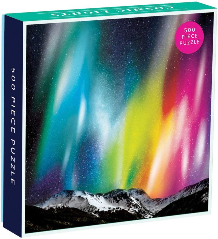 Photo 1 of Galison Cosmic Lights 500 Piece Jigsaw Puzzle for Families and Adults, Outer Space Family Puzzle with Rainbow Aurora and Mountain Backdrop
