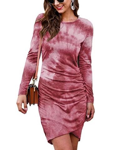 Photo 1 of KIRUNDO Women’s Crew Neck Dress Casual Wrap Ruched Stretchy Irregular Hem Solid Bodycon Mini Dress SIZE SMALL
