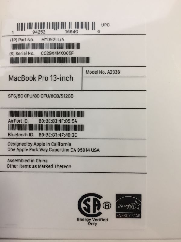 Photo 4 of 2020 Apple MacBook Pro with Apple M1 Chip (13-inch, 8GB RAM, 512GB SSD Storage) - Silver
