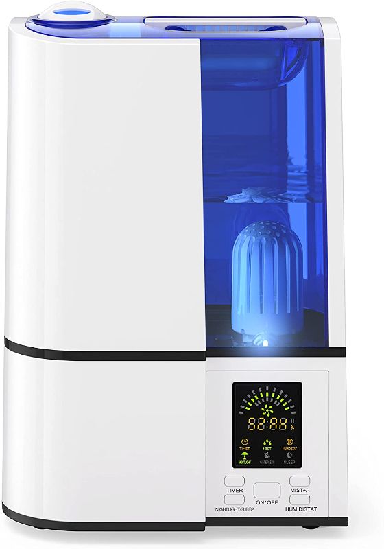 Photo 1 of Humidifiers for Bedroom, 4L Ultrasonic Cool Mist Air Humidifier for Large room, Plant, Humidistat, LED Display, Auto Shut-Off, Night Light, Whisper Quiet, Adjustable 360° Rotation Nozzle, Humidifiers for Babies Nursery Whole House (Blue)
