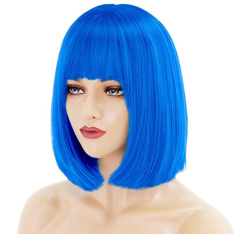 Photo 1 of Akkya Short Bob Wig with Bangs Black Pink Blue Purple Red Green Blonde Orange Brown Yellow Hair Hot Colorful Colored Bob Cut Costume Halloween Wigs for Women Kids
