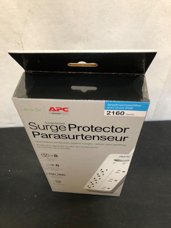 Photo 2 of APC Surge Protector, White Power Strip PH8W, 2160 Joules, Flat Plug, 8 Outlet Power Strip
