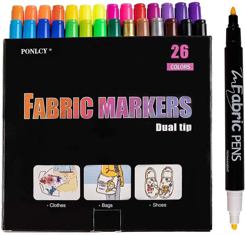 Photo 1 of PONLCY 26 Colors Fabric Markers for T-shirts, Permanent Nontoxic Fabric Pens, Dual Fine & Chisel Tips Fabric Paint Pen Kit for Kids DIY Gifts
