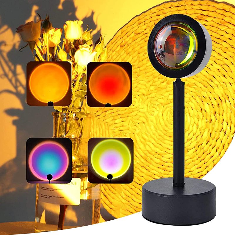 Photo 1 of Sunset Lamp Projector - Adjustable Brightness, Remote Control 4 Colors, Changing Projector Led Sunset Light USB, 360 Degree Rotation for Photography Room Decor Romantic Party Bedrooms