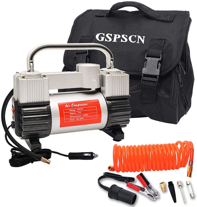 Photo 1 of GSPSCN Silver Tire Inflator Heavy Duty Double Cylinders with Portable Bag, Metal 12V Air Compressor Pump 150PSI with Adapter for Car, Truck, SUV Tires, Dinghy, Air Bed etc
