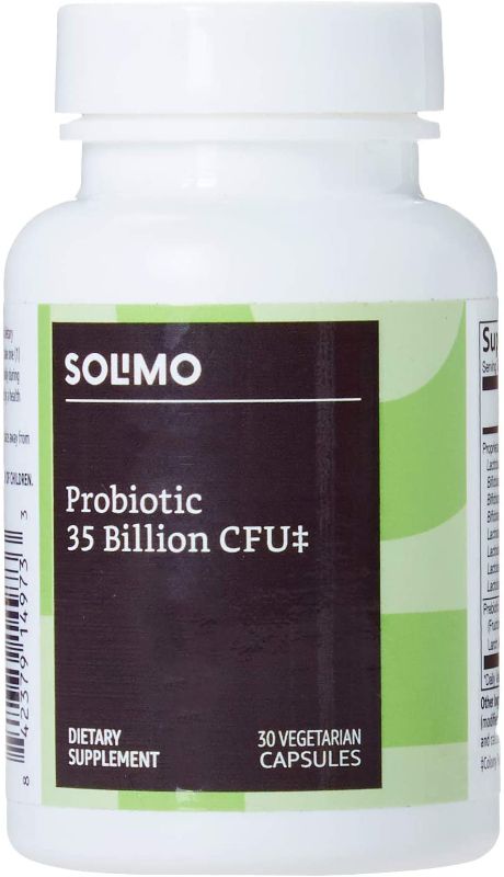 Photo 1 of Amazon Brand - Solimo Probiotic 35 Billion CFU, 8 Probiotic Strains with Prebiotic Blend, Supports Healthy Digestion, 30 Vegetarian Capsules, 1 Month Supply EXPIRES 6/4/2022
