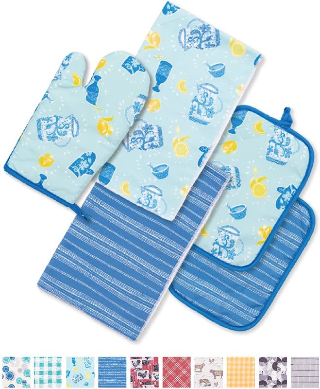 Photo 1 of 5 Pack Kitchen Set | Oven Mitt and 2 Rectangular Pot holders of Quilted Lining with Cotton Wadding - 2 Dish Towels for Drying Dishes | Perfect for Gifting, Baking and Everyday Cooking (AB & BS)
