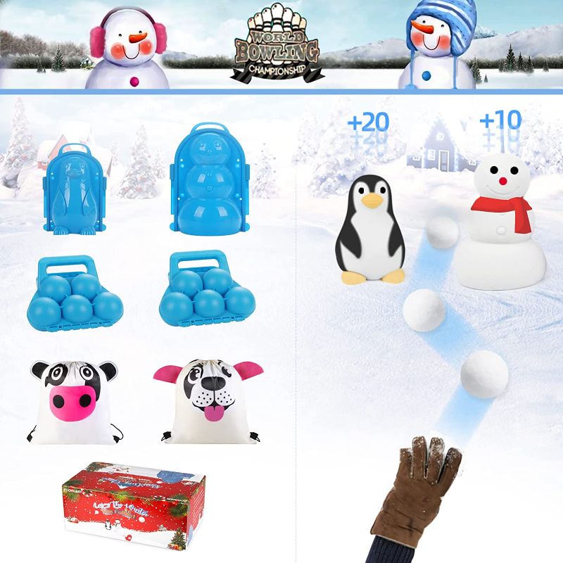 Photo 1 of Superbnatural Bowling Game in The Winter, Snow Toy Kit Perfect Outdoor Play Snow Ball Fights Games,Snowball Maker Clip Tools with Handle,6PCS Snowball Maker Tools Snowman&Penguin Snow Mold with Bag

