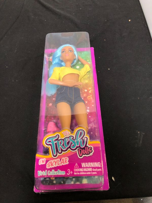 Photo 2 of Fresh Dolls Skylar Fashion Doll, 11.5-inches Tall, Yellow Shirt and Jean Shorts, Blue Hair
