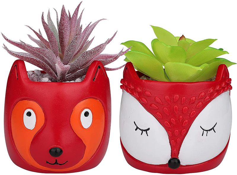 Photo 1 of  Fake Desk Plant Artificial Succulents in Pots with Mini Cute Fox Planter, Perfect Succulent Gifts for Women
