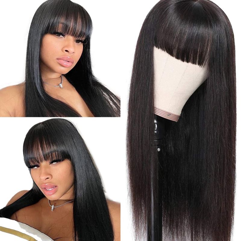 Photo 1 of  Brazilian Virgin Straight Human Hair Wigs with Bangs 130% Density None Lace Front Wigs Glueless Machine Made Wigs for Black Women Natural Color 12 INCH