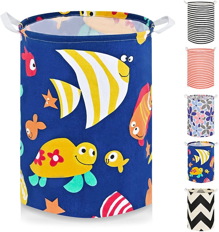 Photo 1 of 19.7 inch Freestanding Laundry Basket, Collapsible Dirty Clothes Hamper, Large Laundry Hamper With Handle, Suitable of Bedroom, Bathroom, Dormitory, farmhouse, Toy Basket, (Blue Sea Animals)
