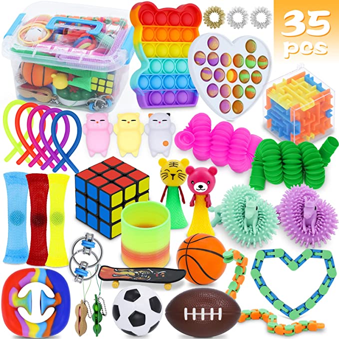 Photo 1 of APOKE Fidget Toys Set 35 Pack, Sensory Fidget Toys Pack Simple Dimple Marbe Mesh Pop Bubble Magnet Ball Infinity Cube, Bundle Stress Relief and Anti-Anxiety Tools for Adult Kid ADHD ADD OCD Autism