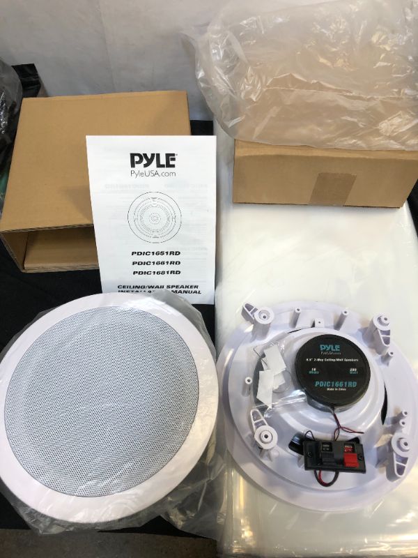 Photo 2 of Pyle Pair 6.5” Flush Mount In-wall In-ceiling 2-Way Home Speaker System Spring Loaded Quick Connections Dual Polypropylene Cone Polymer Tweeter Stereo Sound 200 Watts (PDIC1661RD) White