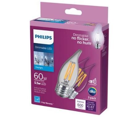 Photo 1 of 60-Watt Equivalent B11 Dimmable Edison LED Candle Light Bulb Glass Bent Tip Medium Base Daylight (5000K) (3-Pack)
