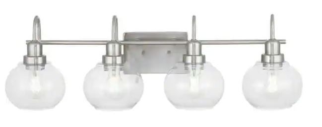 Photo 1 of Halyn 31.375 in. 4-Light Brushed Nickel Bathroom Vanity Light with Clear Glass Shades
