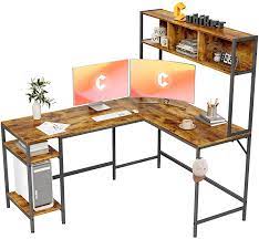 Photo 1 of L-Shaped Desk with Hutch, 60" Corner Computer Desk, Home Office Gaming Table with Storage Shelves, Space-Saving, Rustic Brown