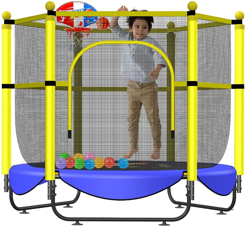 Photo 1 of 60" Trampoline for Kids with Net - 5 FT Indoor Outdoor Toddler Trampoline with Safety Enclosure for Fun, Toddler Baby Small Trampoline Birthday Gifts for Kids, Gifts for Boy and Girl, Age 1-8