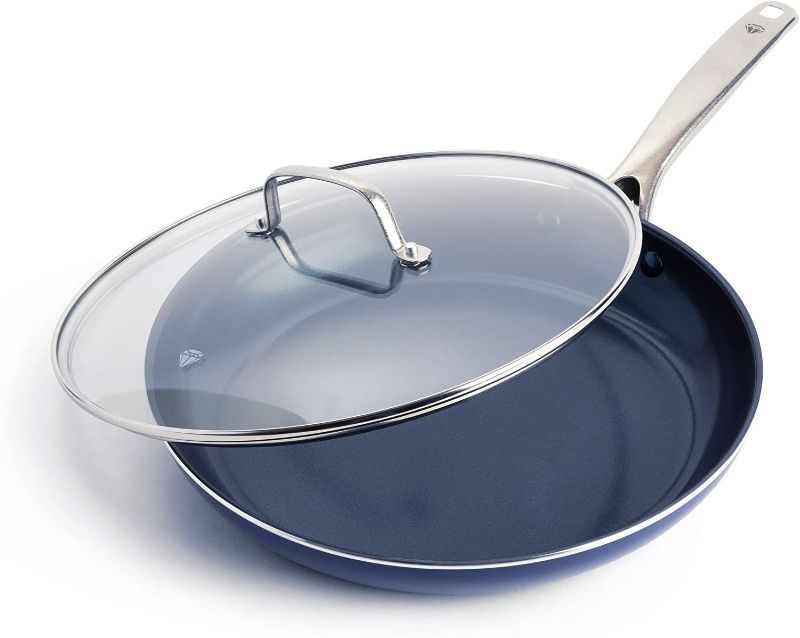 Photo 1 of Blue Diamond Cookware Diamond Infused Ceramic Nonstick 12" Frying Pan Skillet with Lid, PFAS-Free, Dishwasher Safe, Oven Safe, Blue
