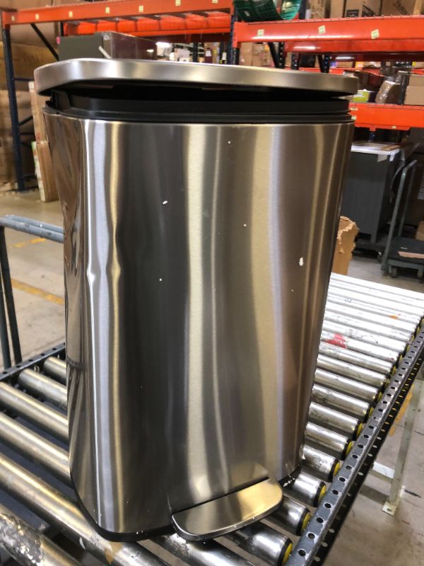 Photo 2 of Amazon Basics 50 Liter / 13.2 Gallon Soft-Close, Smudge Resistant Trash Can with Foot Pedal - Brushed Stainless Steel, Satin Nickel Finish. DAMAGED. 
